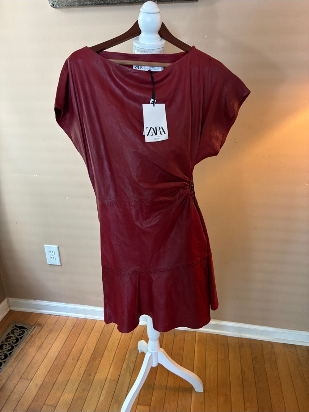 Zara Burgundy Faux-Leather Twist-Side Mini Dress